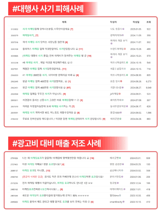대행사 사기 피해사례 및 광고비 대비 매출 저조 사례 게시판 캡쳐